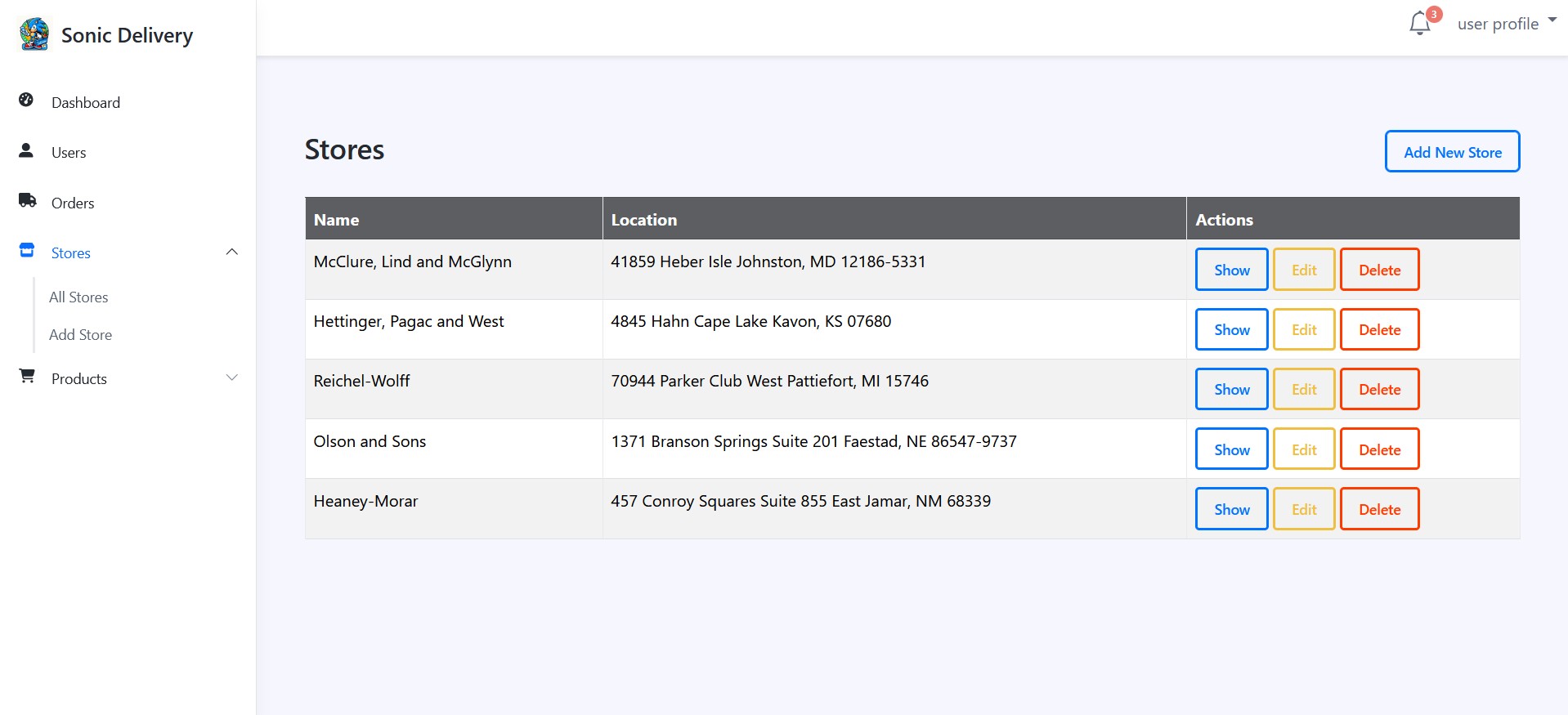 Dashboard/stores section.