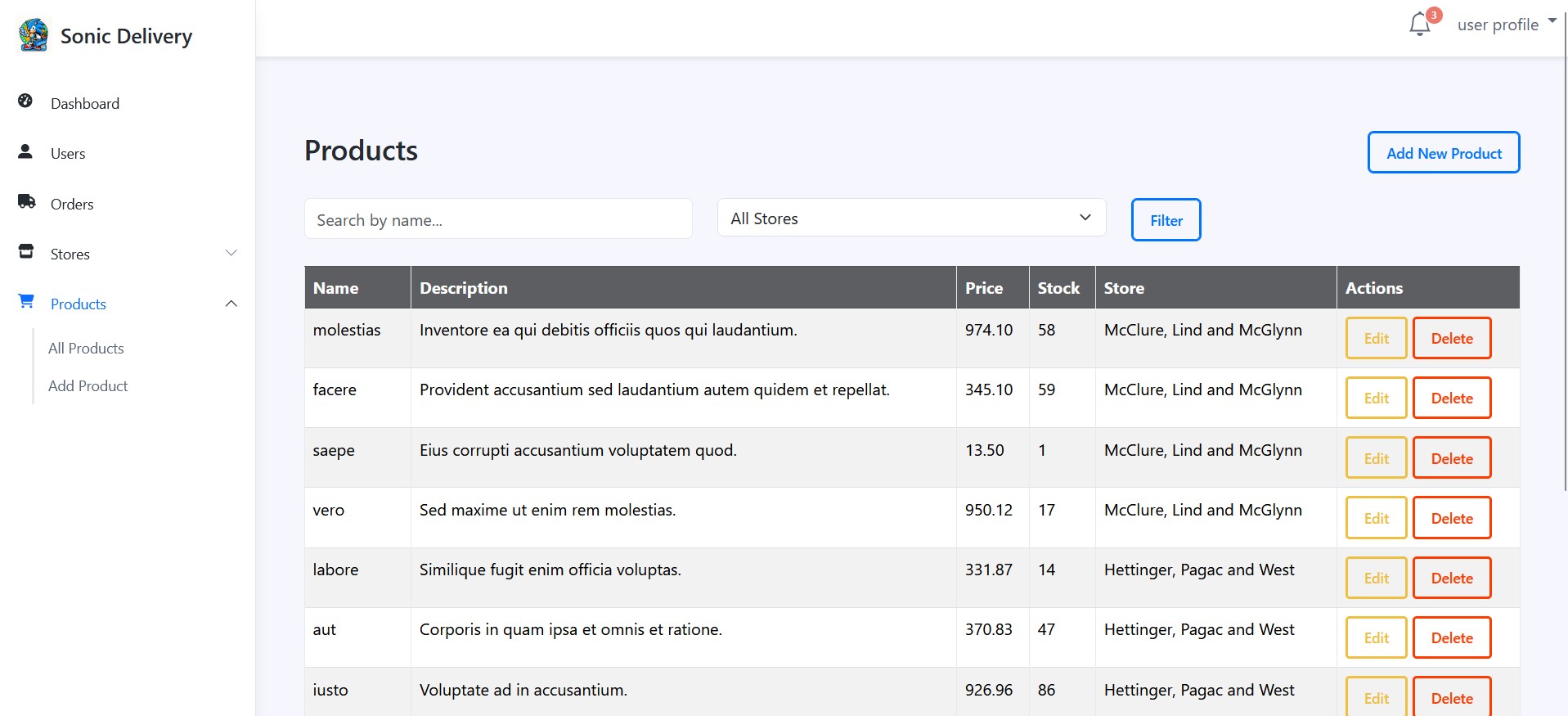 Dashboard/products section.